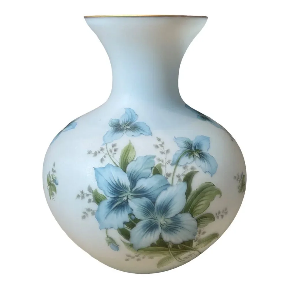 Vintage Italian Vase 10 Inch Frosted Blue Satin Art Glass Iris Flowers Gold Gilt